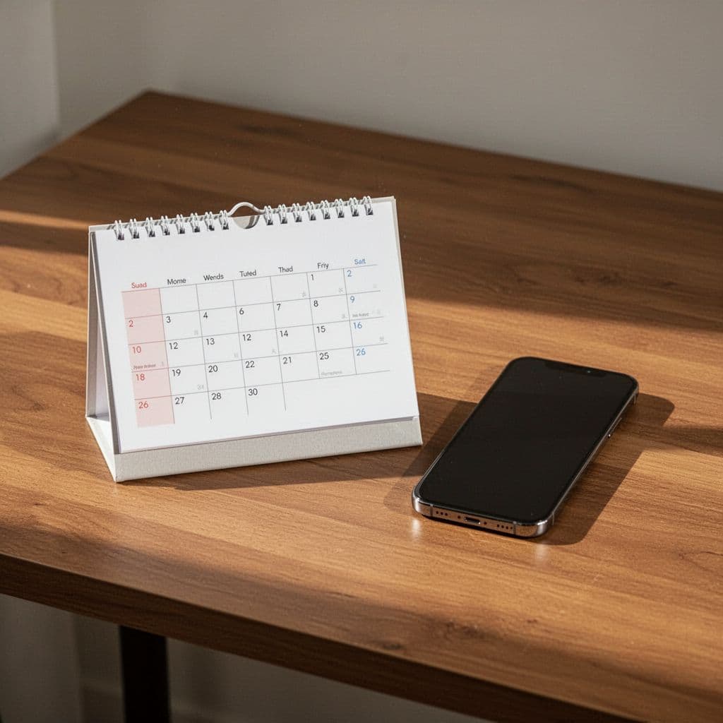 A clean physical calendar sits on a wooden desk next to a smartphone in natural morning light.