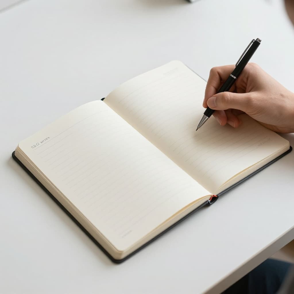 Hands hold a pen over an open notebook featuring a structured content outline on a minimalist desk.