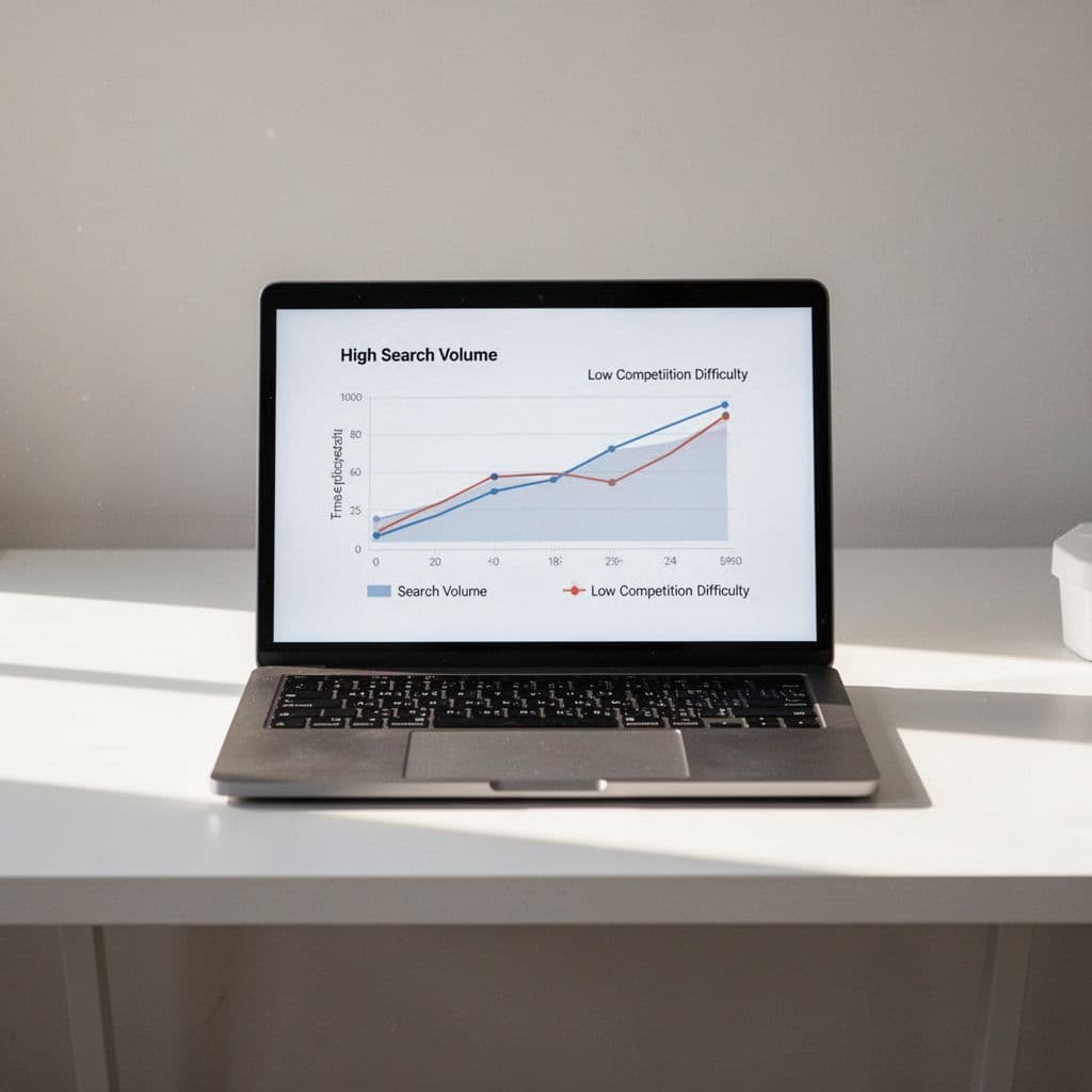 Clean desk with open laptop showing search volume versus competition chart in soft morning light.