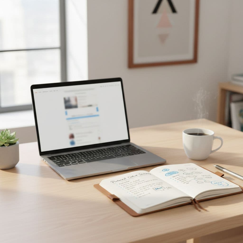 Clean desk with laptop, open notebook with handwritten notes, and coffee cup in warm natural light.