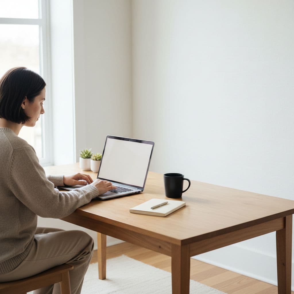 A person sits at a clean wooden desk using a laptop, with notebook and coffee mug nearby in bright light.