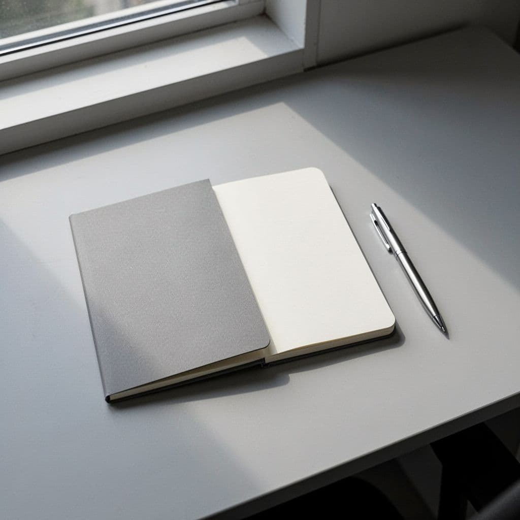 A top-down view of a clean desk featuring a single blank notebook and a pen.