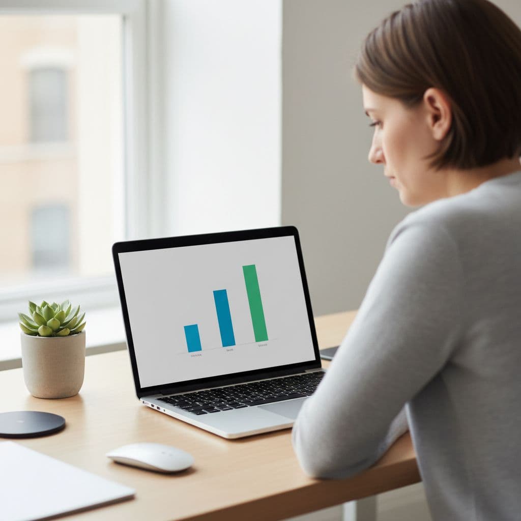 Close-up of clean desk with laptop showing abstract bar chart, small succulent, and person viewing from background.