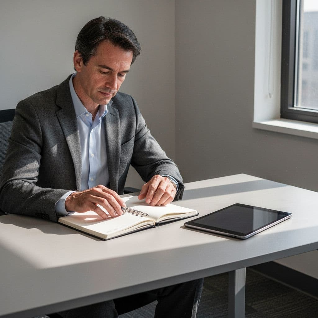 Clean desk with open notebook and digital tablet in bright office, one person seated.