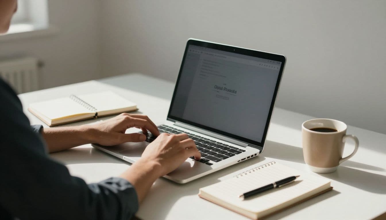 A person types on a silver laptop at a clean white desk, positioned next to a steaming mug of coffee and a leather journal. Soft morning sunlight illuminates the organized workspace.