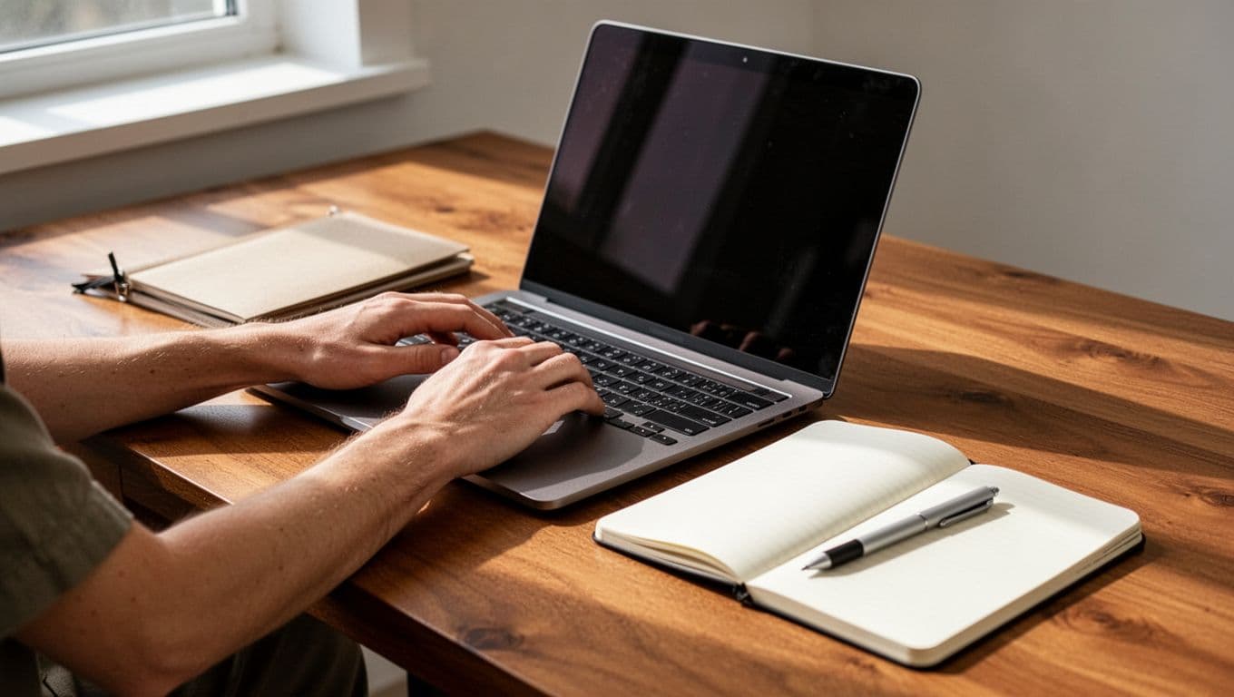 A person uses a stylus on a notebook at a clean wooden desk with a laptop.