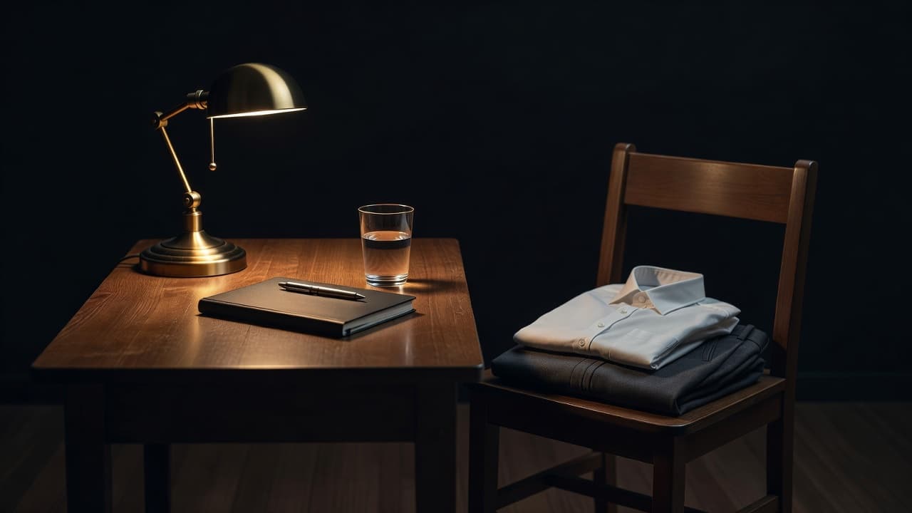 A dark wooden desk holds a leather notebook and water glass under warm lamp light. Beside the desk, a chair displays neatly folded clothes, creating a calm and organized nighttime scene.