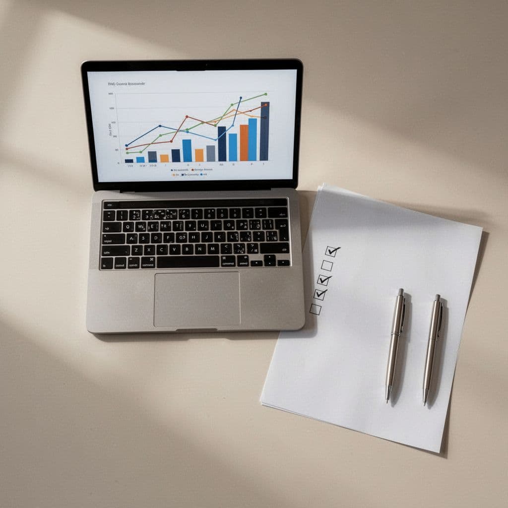 An overhead view of a desk featuring a laptop with a financial chart, a checklist, and a pen.