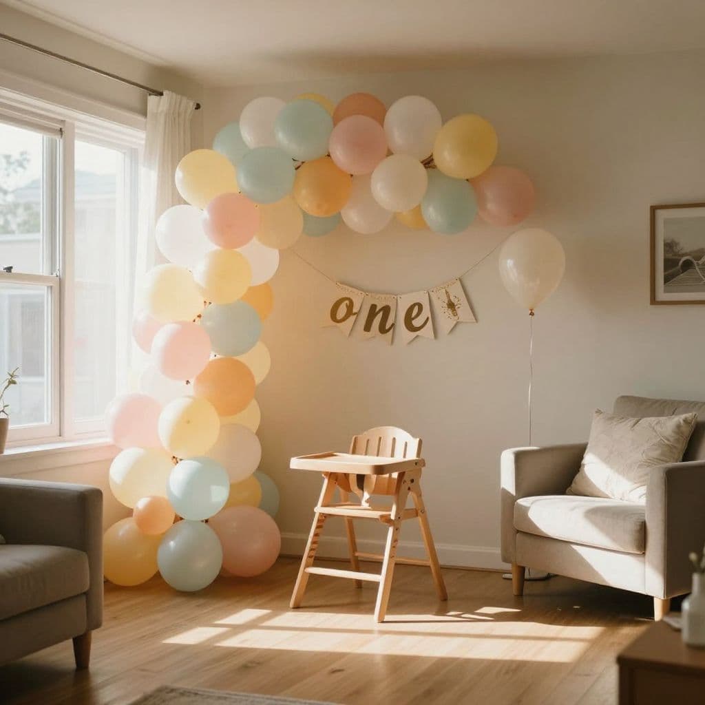 A festive corner features a pastel balloon arch framing a simple wooden high chair. An elegant banner hangs above the seat, illuminated by soft golden light that emphasizes the minimalist party theme.