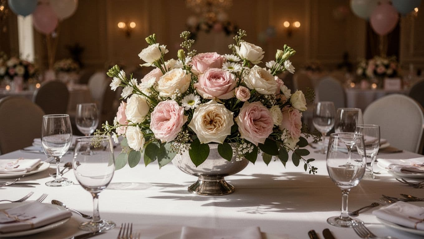 A single intricate floral arrangement sits centered on a clean white table, serving as the sole decorative focal point. Cinematic lighting emphasizes the soft petals against a blurred interior background.