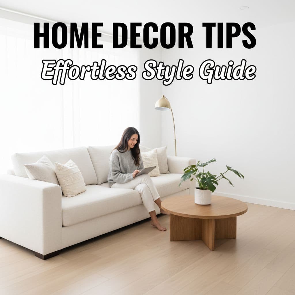 A person stands in a bright, modern living room featuring clean lines and bold typography.
