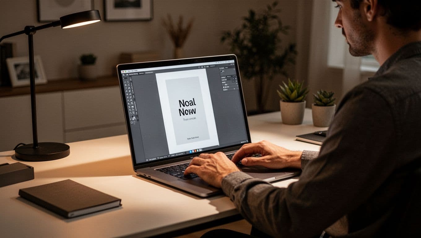 A designer sits at a clean desk using a laptop to craft digital content under warm, cinematic lighting. The focused setup highlights the modern interface of a vertical design project.