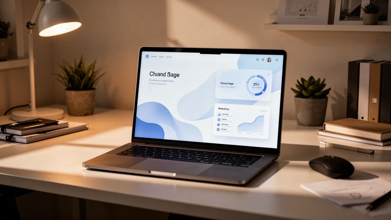 A sleek modern laptop sits on a clutter-free white desk displaying colorful data visualizations. Warm amber ambient lighting illuminates the organized workstation, creating a focused atmosphere for professional digital planning.