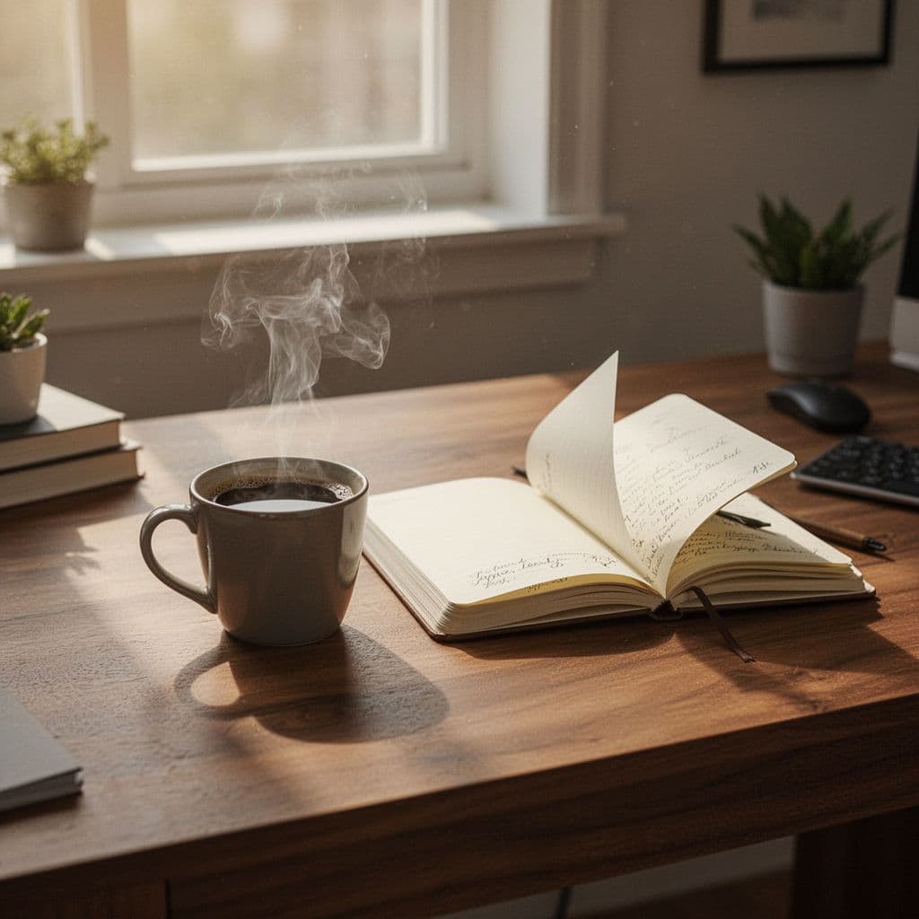 A clean wooden desk holds a steaming coffee cup and notebook in soft natural sunlight.