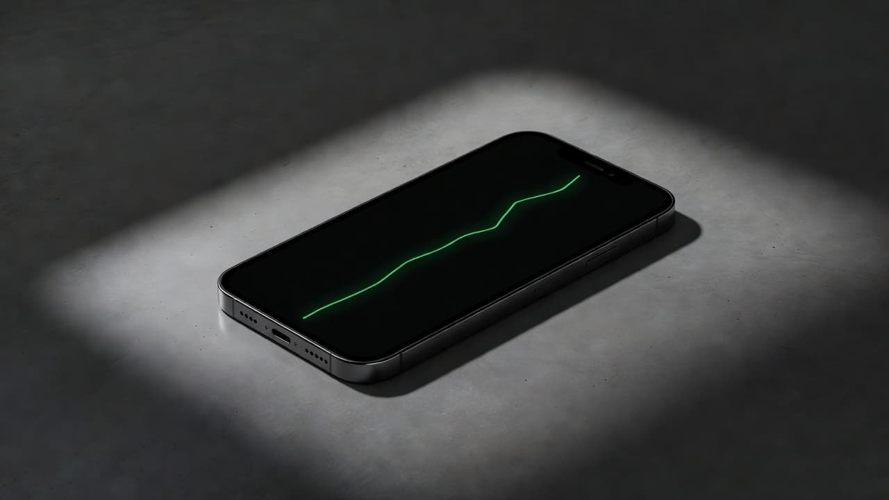 A high-contrast smartphone screen displays a simple digital growth chart with a single green line. Dramatic shadows highlight the sleek device against a dark studio background, emphasizing clarity and financial performance.