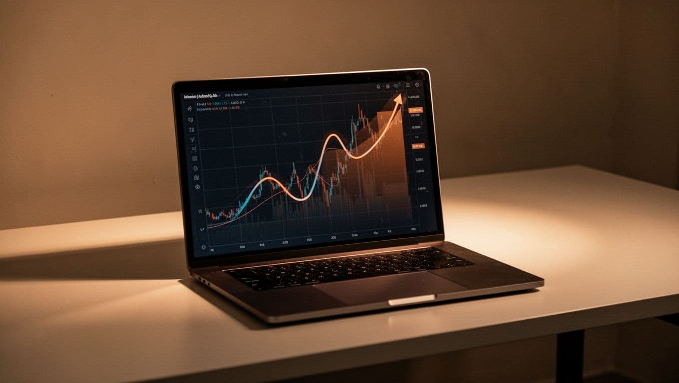 A sleek, clean desk features a laptop displaying an abstract growth chart under warm, cinematic lighting. Soft shadows highlight the professional setup, emphasizing the careful process of selecting long-term retirement assets.