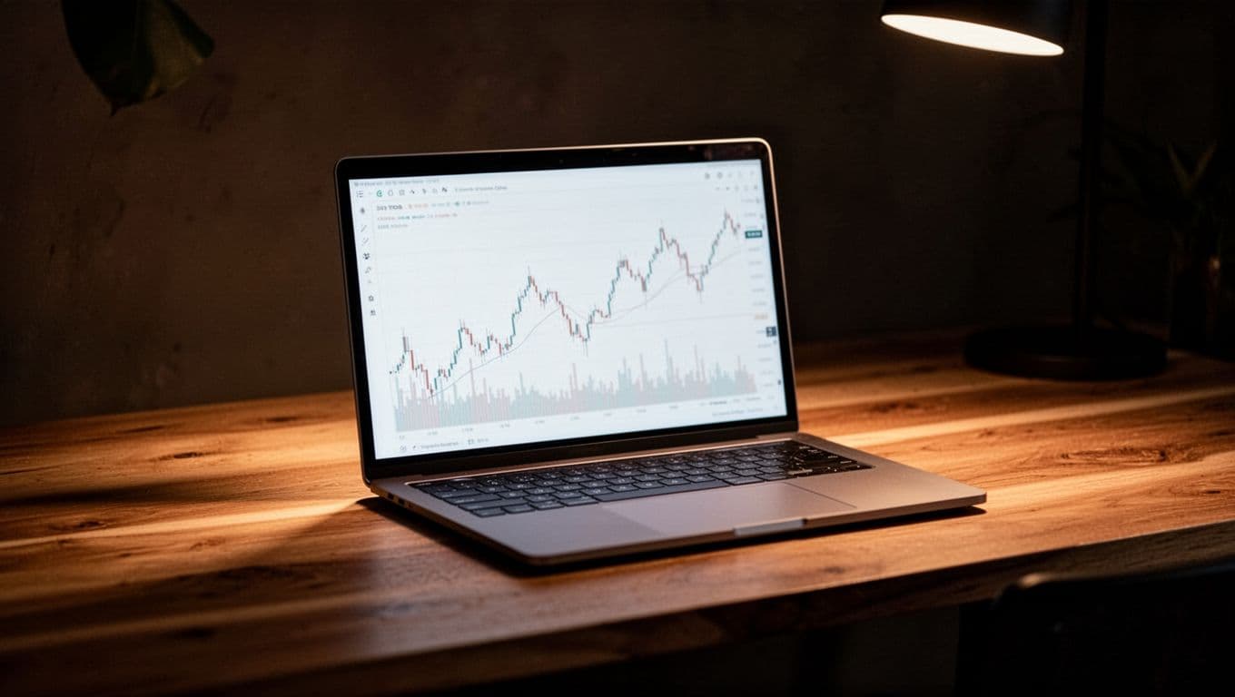 A single open laptop rests on a smooth wooden desk surface against a dark, moody background. Soft golden light illuminates the screen and keys, creating a focused atmosphere for financial research.