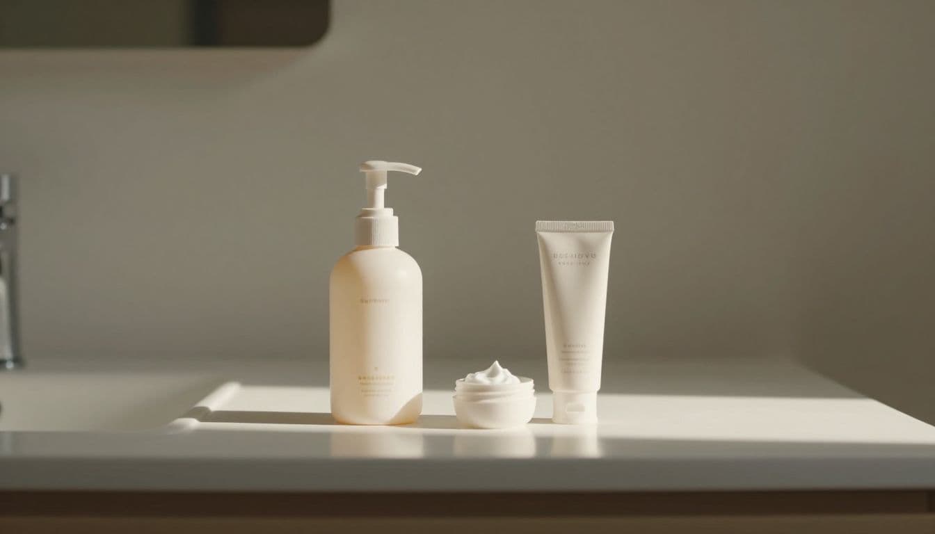 A clean white bathroom counter holds a gentle cleanser bottle, a small moisturizer tub, and a tube of sunscreen. Warm morning sunlight casts soft shadows across the organized, clutter-free vanity surface.