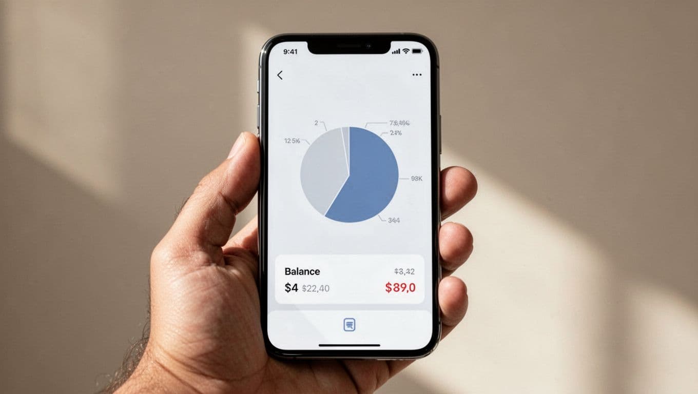 A close-up view of a hand holding a smartphone displaying a clean financial app. The screen features a simple pie chart and balance summary rendered in a soft, cinematic lighting style.
