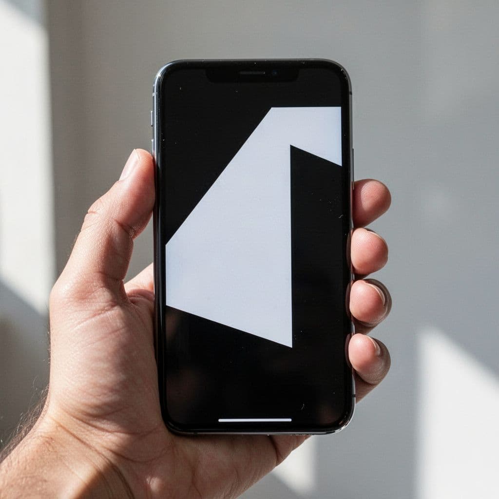 A person holds a smartphone displaying a bold high-contrast graphic design on a clean screen.
