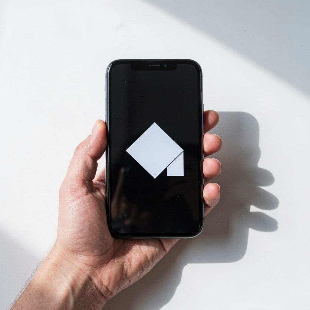 A person holds a smartphone displaying a clean, high-contrast pin design against a neutral background.