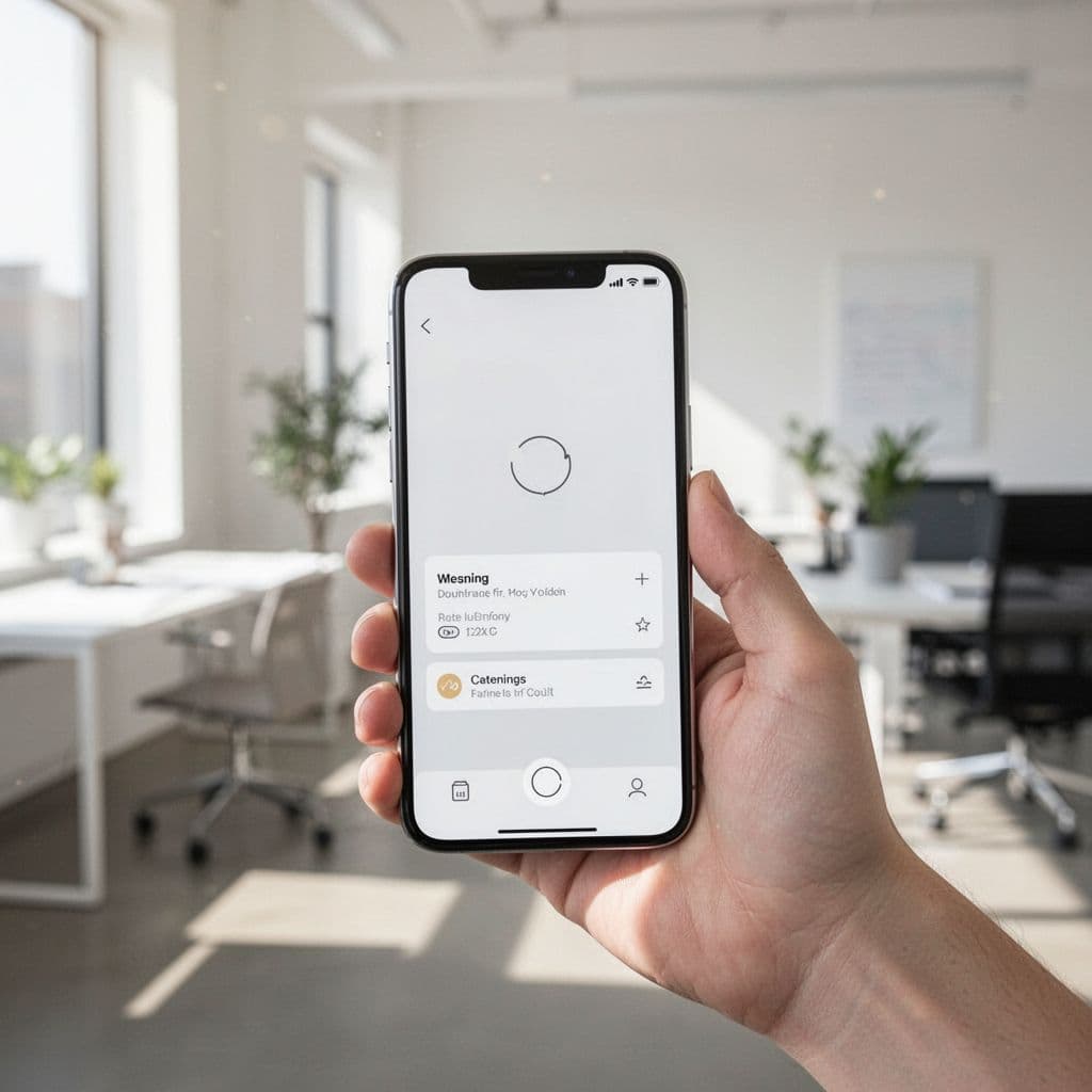 A close-up of a hand holding a smartphone displaying a clean profile editing interface in a bright office.