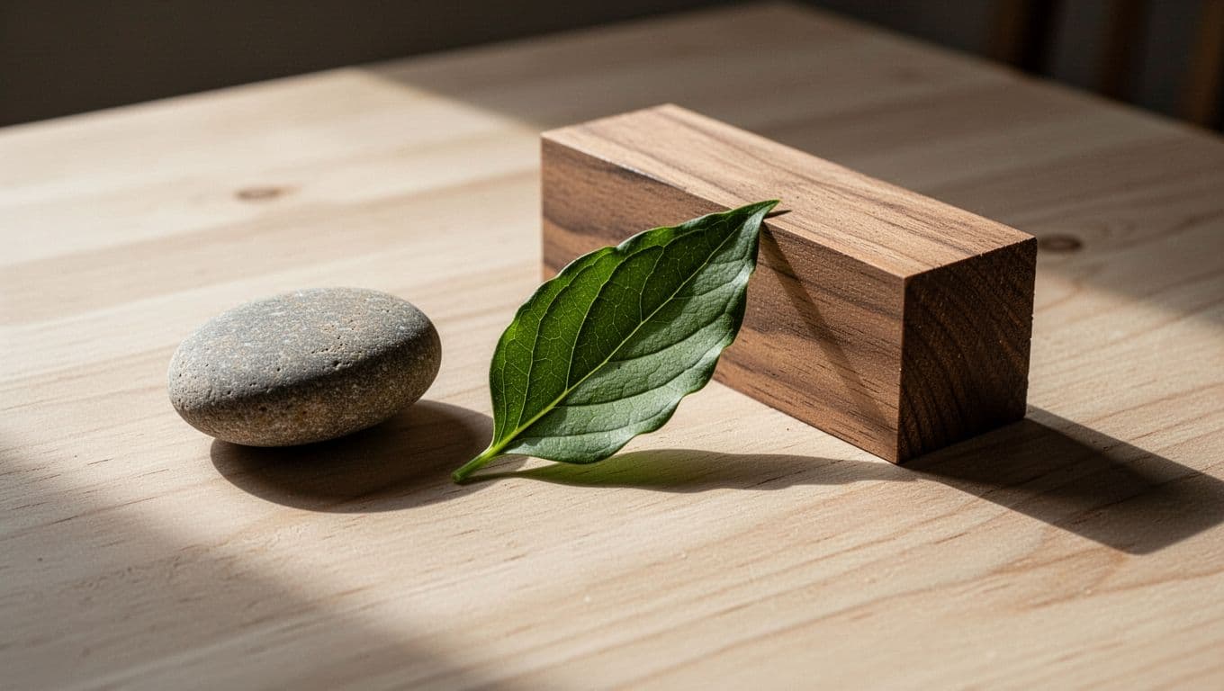 A smooth river stone, a single vibrant green leaf, and a small wooden block sit upon a pale timber surface. Soft shadows enhance the minimalist arrangement, emphasizing organic textures and contrast.