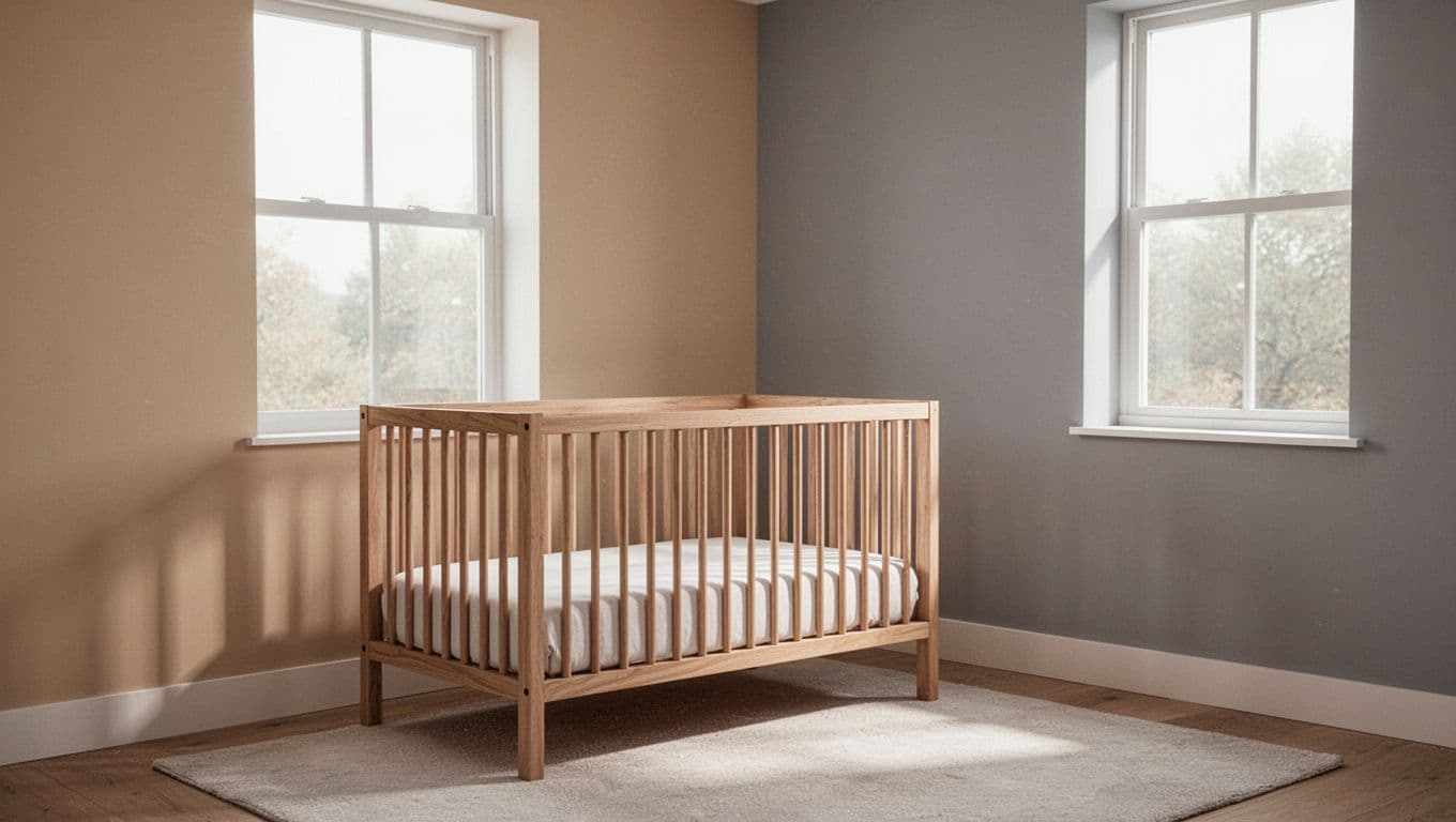 A wooden crib sits centered against a wall in a room decorated with soft beige and grey tones. A large window casts natural light across the clean, uncluttered nursery space.