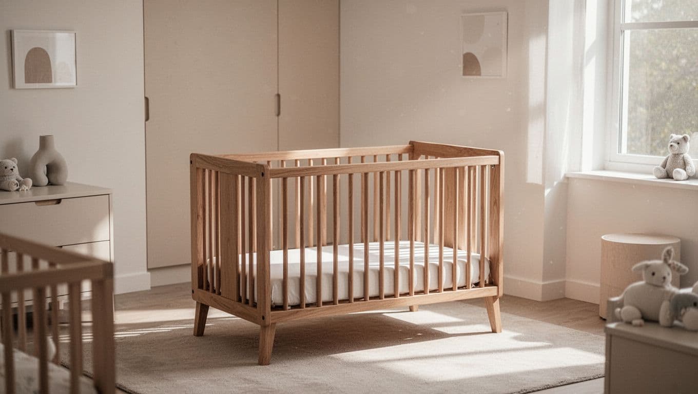 A sleek wooden crib centers this minimalist nursery space bathed in soft natural light. Neutral-toned walls and clean lines define the serene atmosphere designed for a calm and gender-neutral environment.