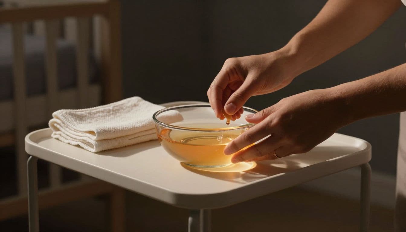 A clean side table holds a small bowl of warm water and a soft cloth, while two steady hands prepare the area. Warm ambient light highlights the organized hygiene supplies.