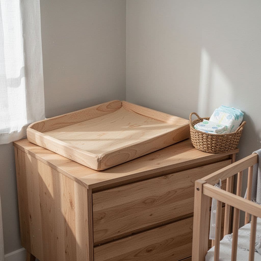 A wooden changing pad sits on a dresser with a woven basket of supplies nearby.