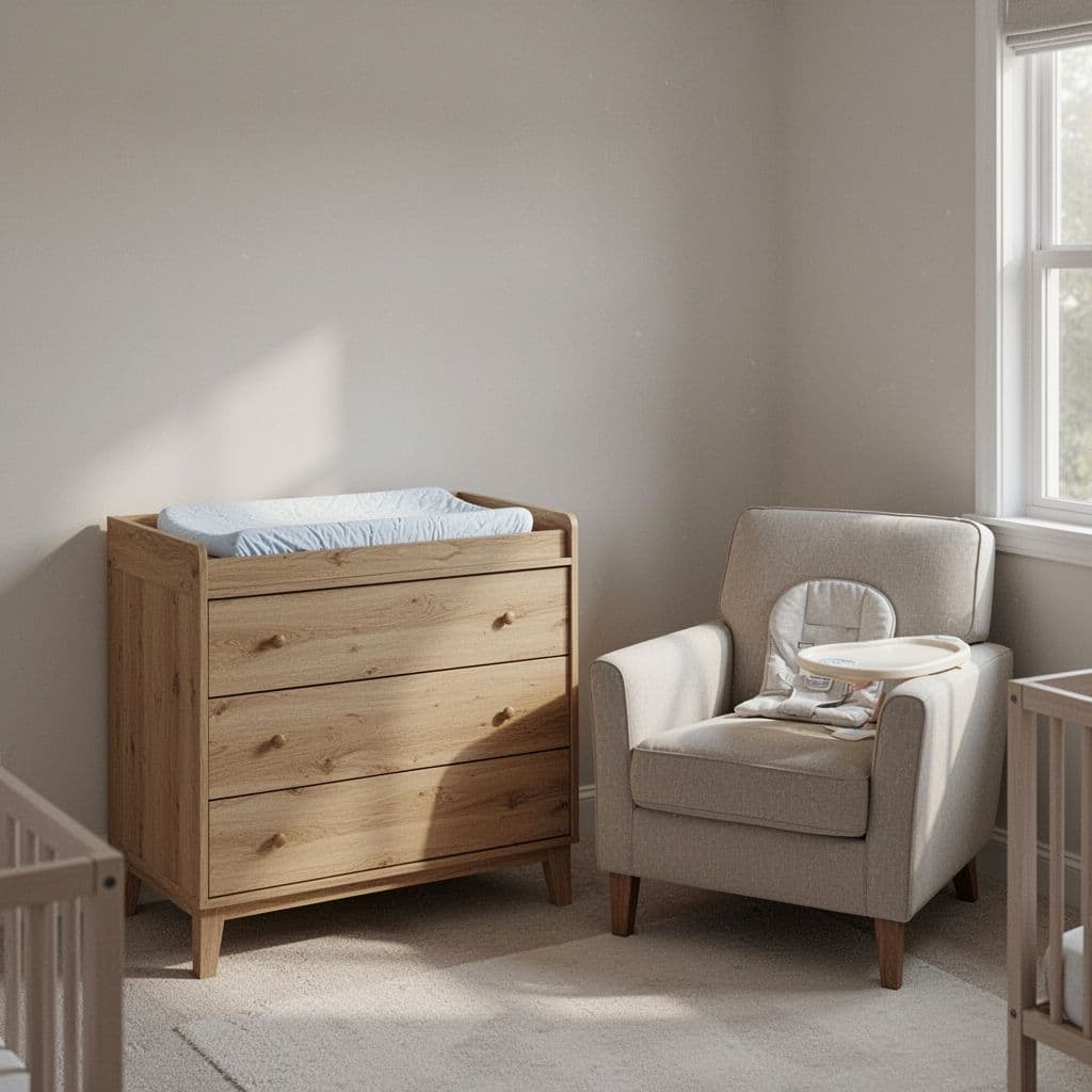 A wooden dresser changing table and comfortable armchair sit in a quiet, sunlit nursery corner.