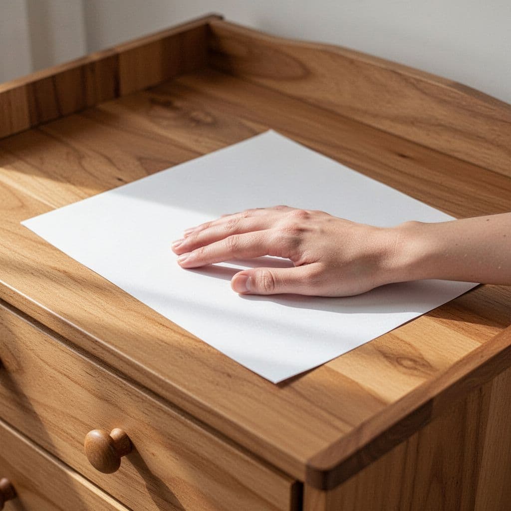 A person holds a pen over a blank checklist resting on a wooden nursery dresser.
