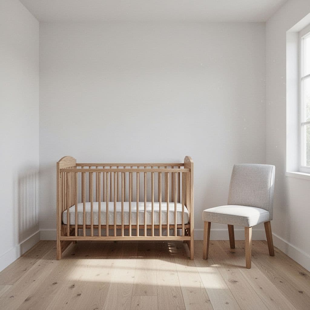 A clean nursery features a wooden crib and a single chair bathed in soft natural light.