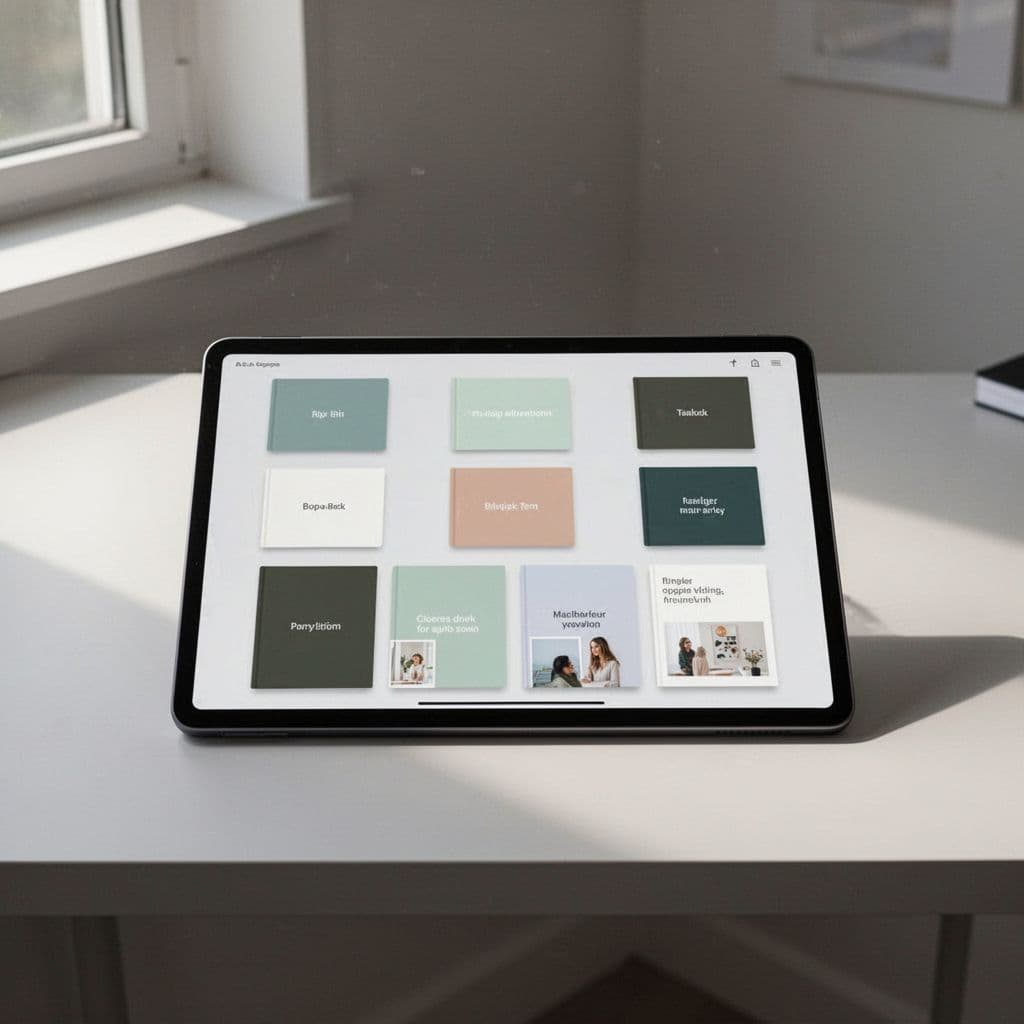 A single tablet screen displays a Pinterest profile with clean, matching aesthetic board covers.