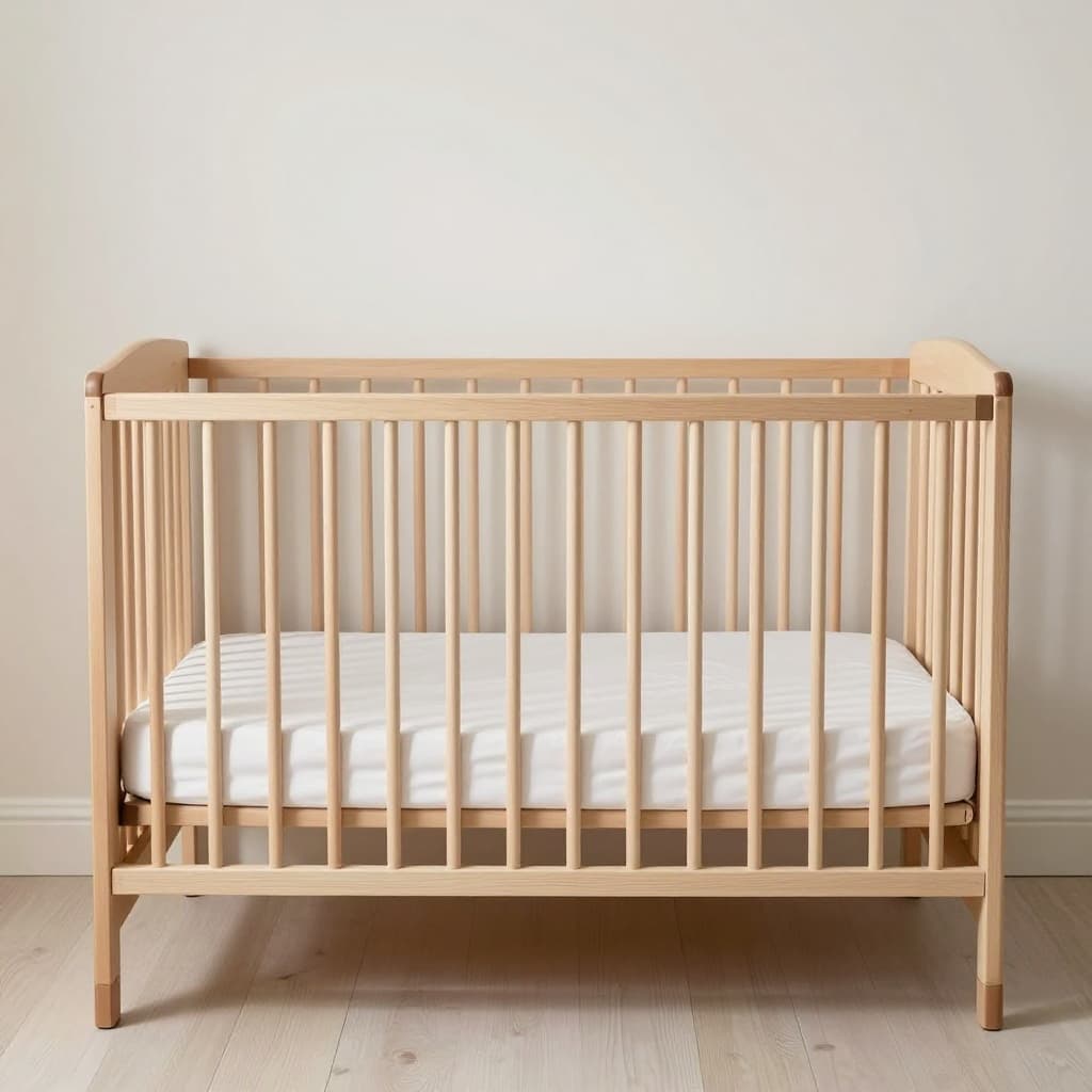 A clean, empty wooden crib with a firm mattress sits in a room with soft morning light.