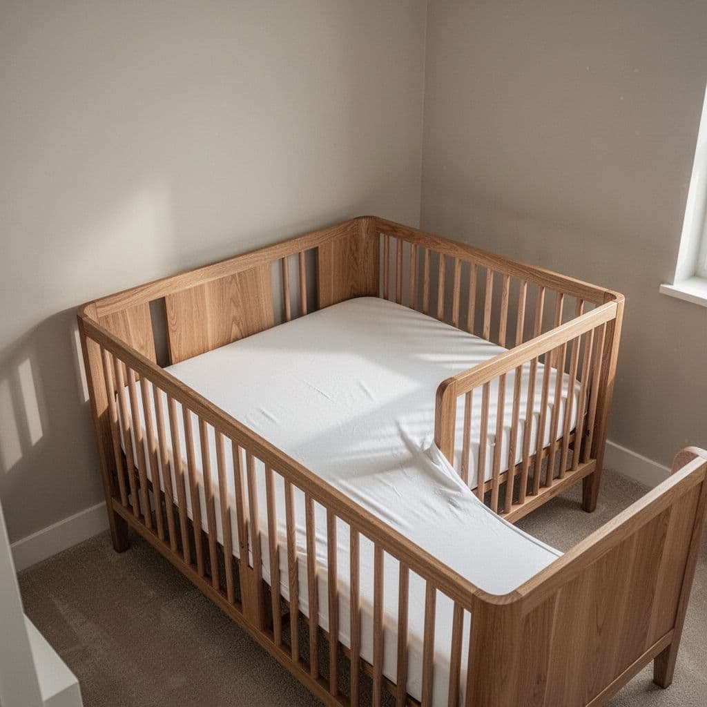 A modern wooden crib sits in a bright, minimalist nursery containing only a firm mattress and fitted sheet.