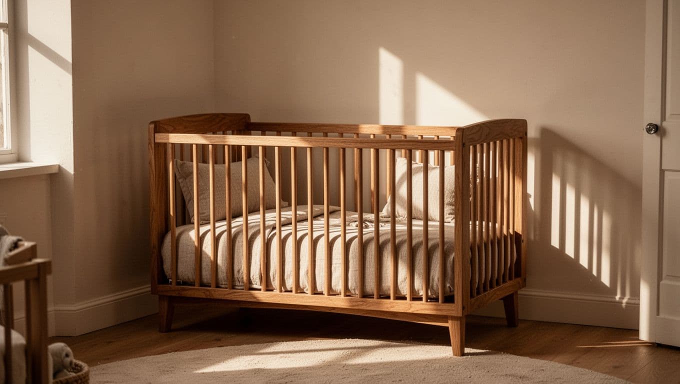 A small wooden crib rests in a bright nursery corner featuring neutral linen bedding. Warm sunlight creates soft contrast against the wall, highlighting the serene and timeless design of the room.