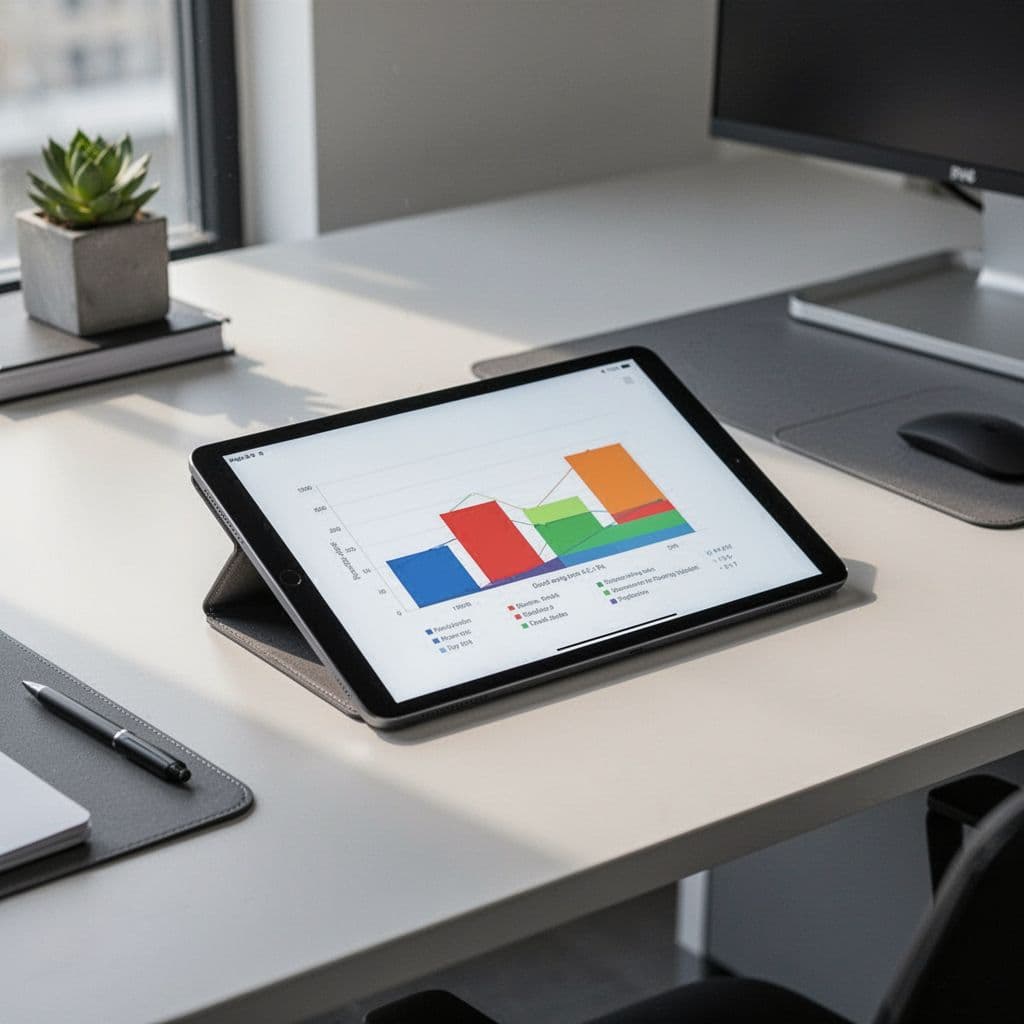 A tablet displays a colorful data chart on a clean, sunlit professional desk.
