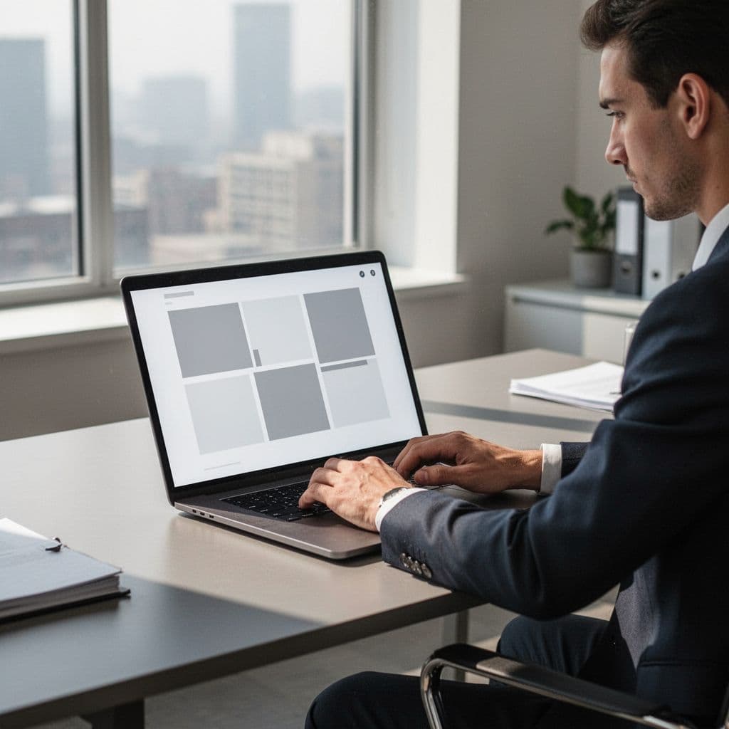 Computer screen at slight angle shows minimalist website grid with abstract blocks in professional office, one person at desk.