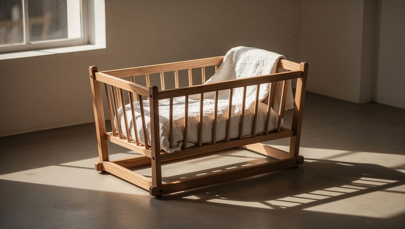 A handcrafted wooden cradle rests on a smooth floor draped with a simple white linen cloth. Warm sunlight pours through a nearby window, casting dramatic long shadows across the clean room.