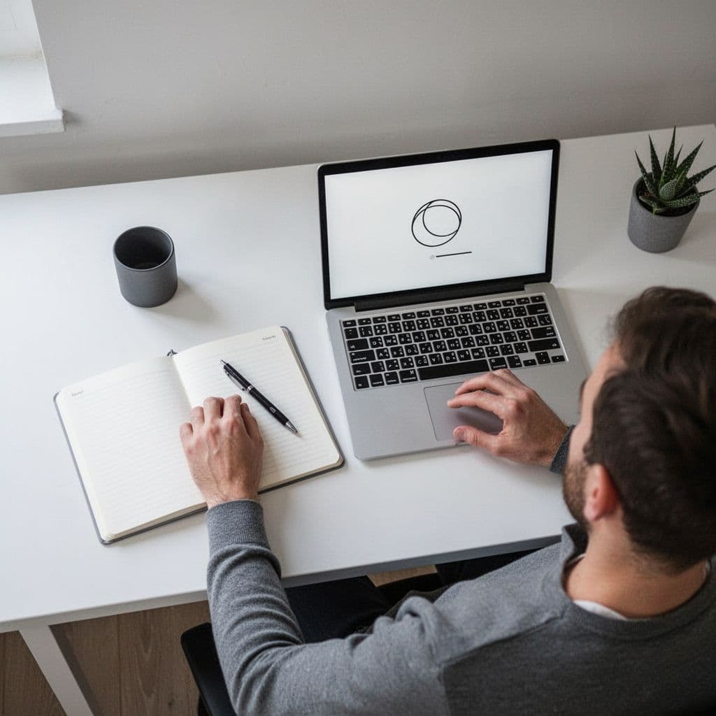 Top-down view of clean desk with notebook, pen, laptop showing outline, and one hand.