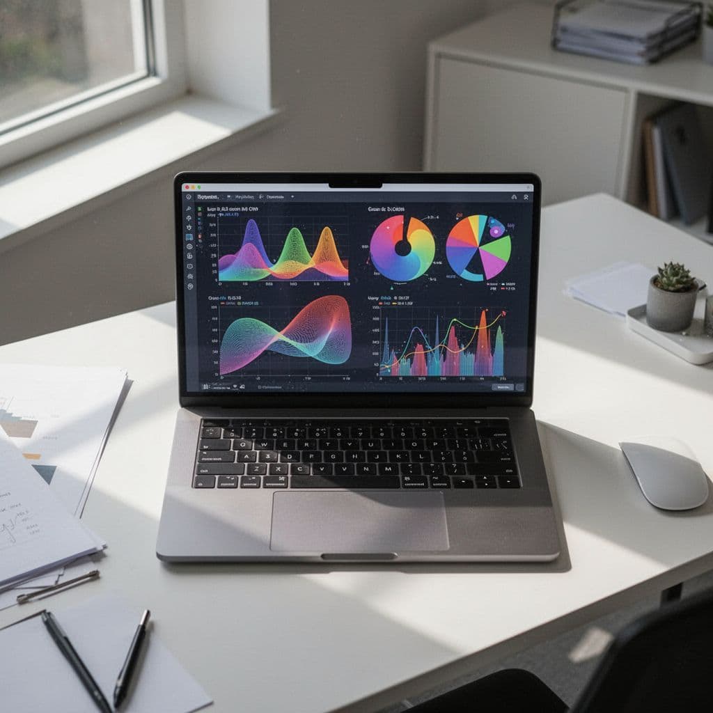 Top-down view of clean office desk with open laptop displaying simple abstract data charts.