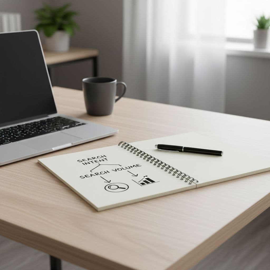 Wooden desk with laptop, notebook, and pen under soft natural light.