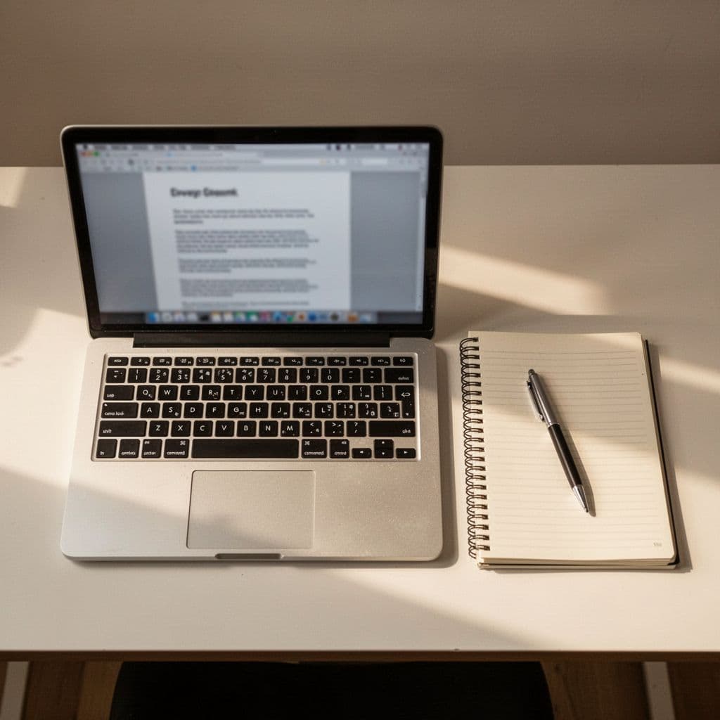 Top-down view of clean desk with laptop showing blog draft, open notebook, and pen under warm light.