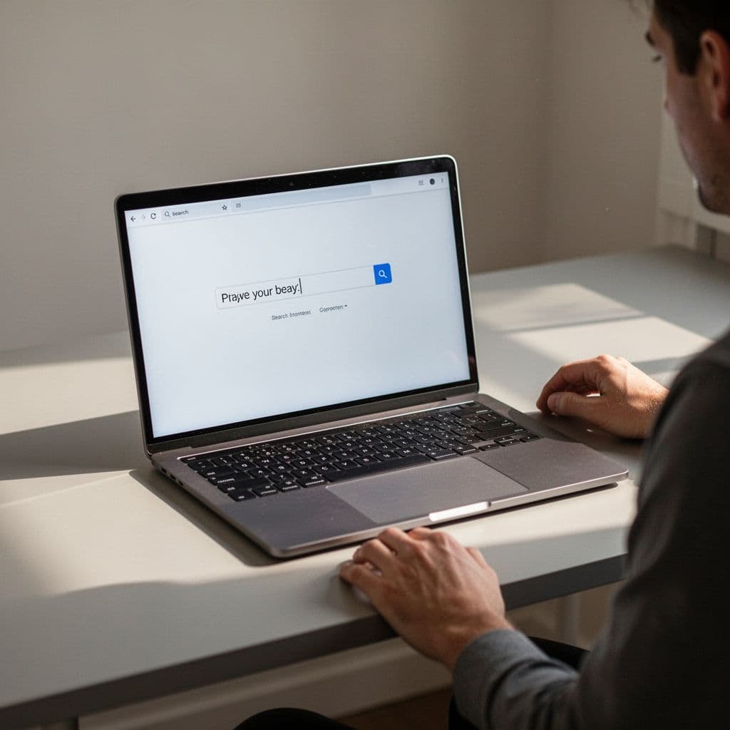 A laptop screen displays a clear, natural search query inside a clean, sunlit minimalist workspace.
