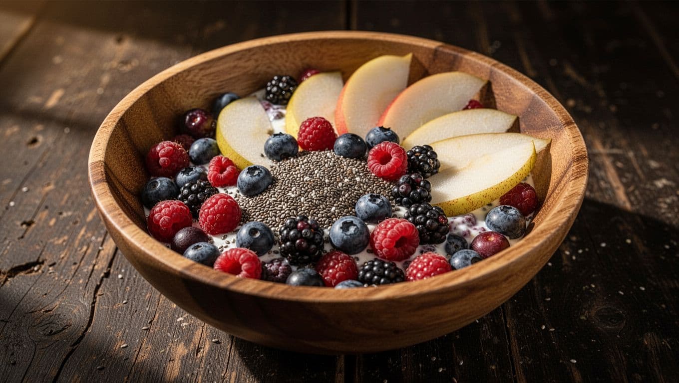 A rustic wooden bowl sits on a dark table, overflowing with juicy strawberries, blueberries, and sliced pears topped with chia seeds. High-contrast lighting casts deep shadows across the textured wooden surface.