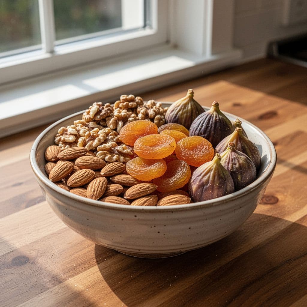 Ceramic bowl with raw almonds, walnuts, dried apricots, and figs on wooden kitchen table in sunlight.