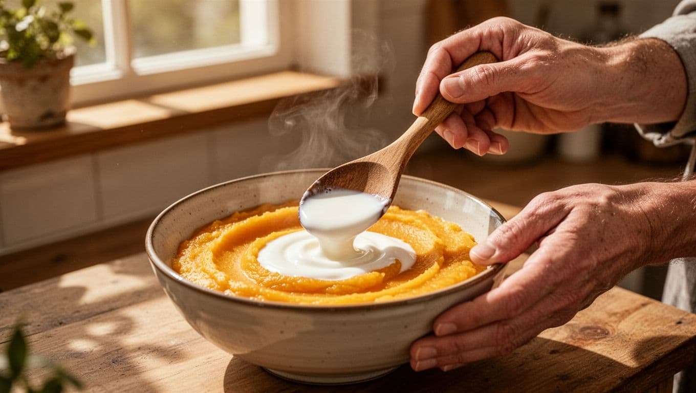 A close-up view shows a hand using a small spoon to blend creamy white breast milk into a smooth, vibrant vegetable puree inside a ceramic bowl under soft kitchen sunlight.