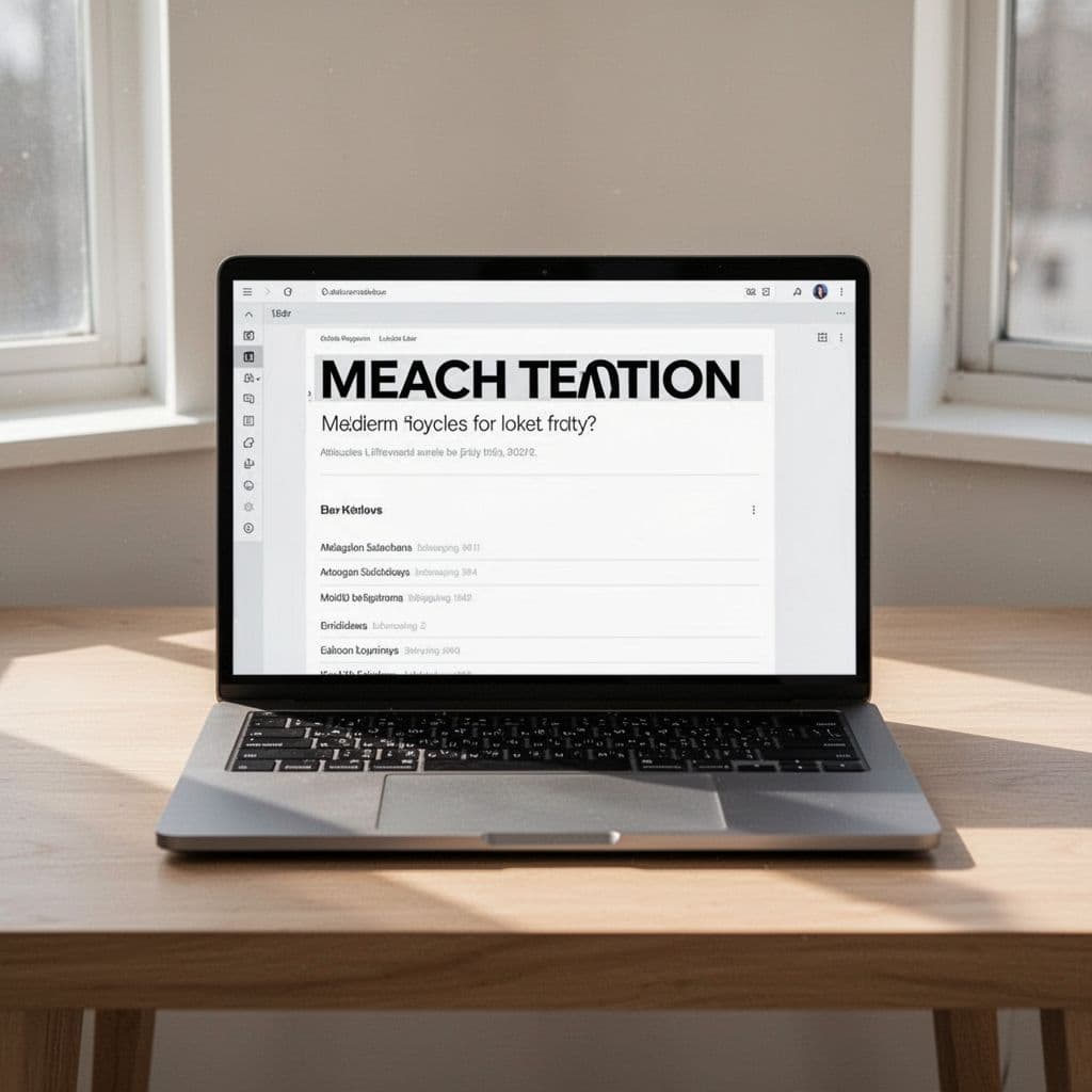 Laptop screen shows modern blog post editor with visible H1, H2, H3 headings on minimalist desk.